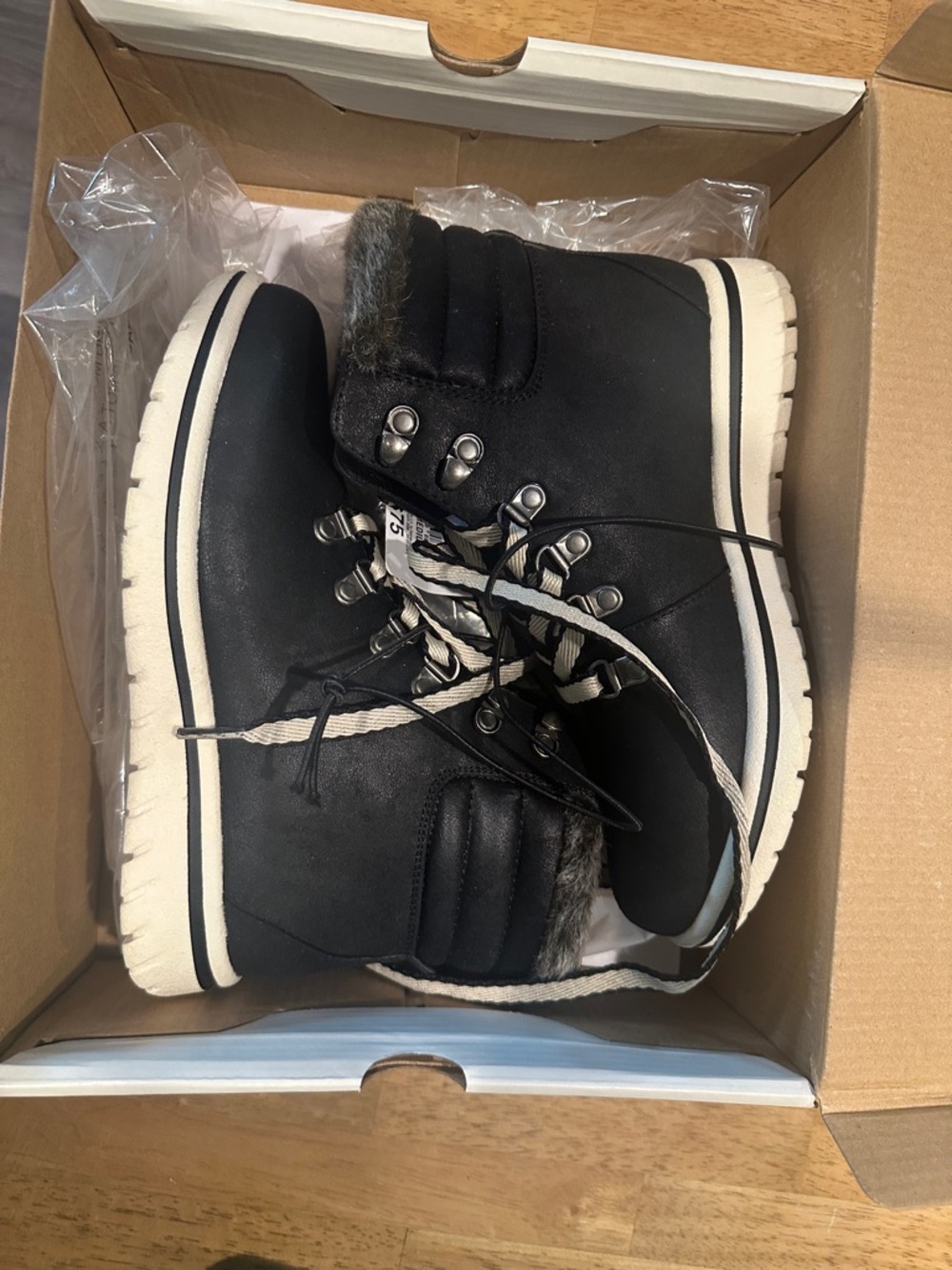 St. John's Bay Black Faux-Fur Lined Ankle Boots with White Sole